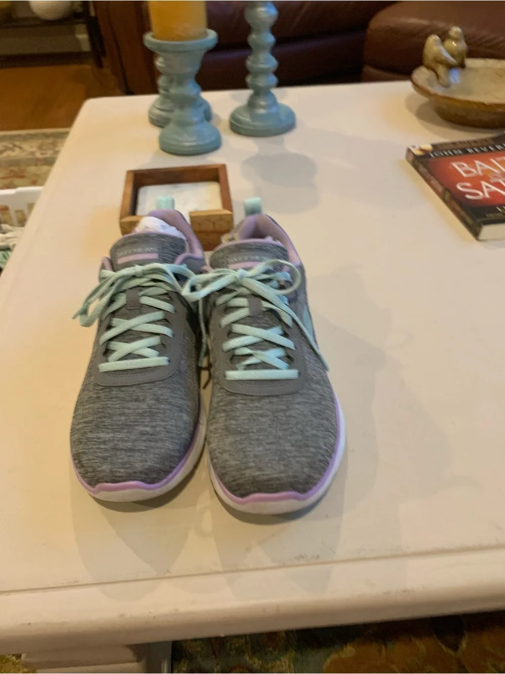 Skechers Gray Knit Athletic Sneakers with Mint & Lavender Accents